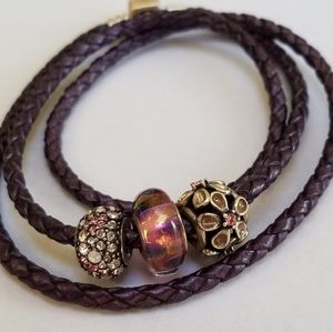 3 charm bracelet with purple cord